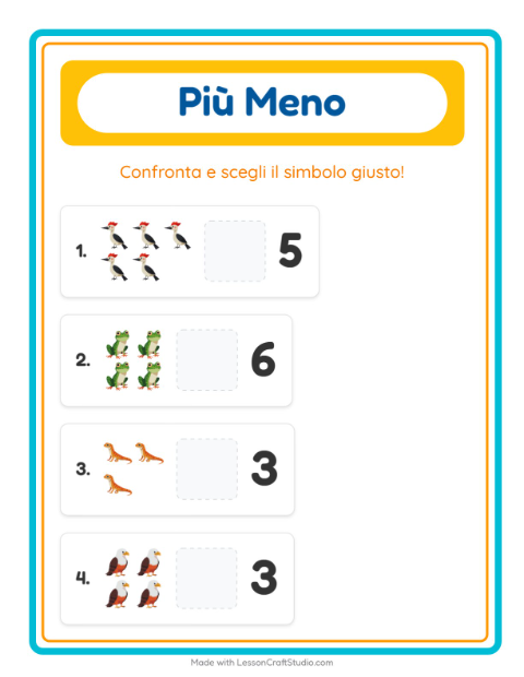 Anteprima della scheda di Più O Meno con Creature della foresta per Scuola dell'infanzia (3-5 anni)