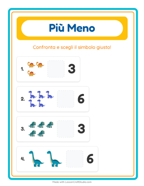 Anteprima della scheda di Più O Meno con Dinosauri per Scuola dell'infanzia (3-5 anni)
