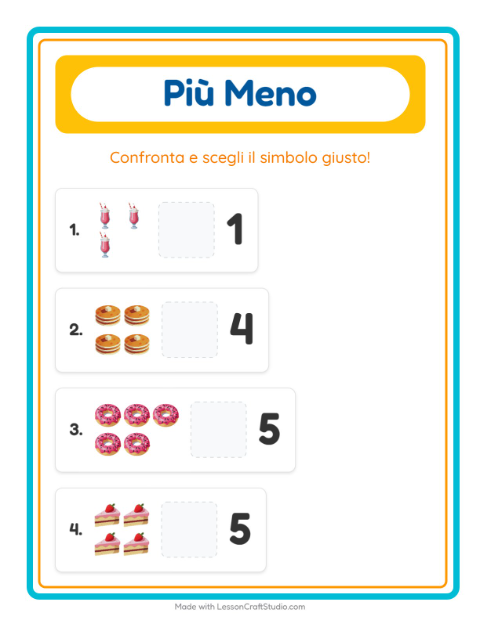 Anteprima della scheda di Più O Meno con Dolci e dolciumi per Scuola dell'infanzia (3-5 anni)
