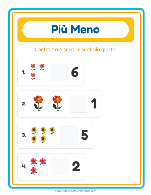 Anteprima della scheda di Più O Meno con Fiori per Scuola dell'infanzia (3-5 anni)