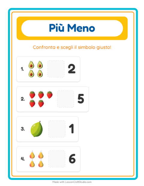 Anteprima della scheda di Più O Meno con Frutta per Scuola dell'infanzia (3-5 anni)