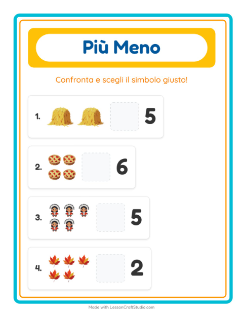 Anteprima della scheda di Più O Meno con Giorno del Ringraziamento per Scuola dell'infanzia (3-5 anni)