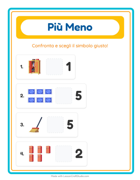 Anteprima della scheda di Più O Meno con In giro per casa per Scuola dell'infanzia (3-5 anni)