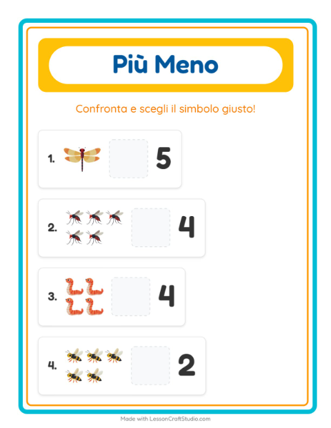 Anteprima della scheda di Più O Meno con Insetti e scarafaggi per Scuola dell'infanzia (3-5 anni)