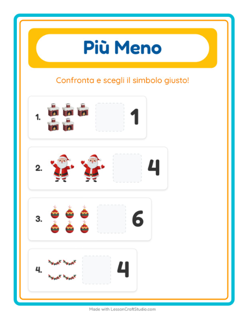 Anteprima della scheda di Più O Meno con Natale per Scuola dell'infanzia (3-5 anni)