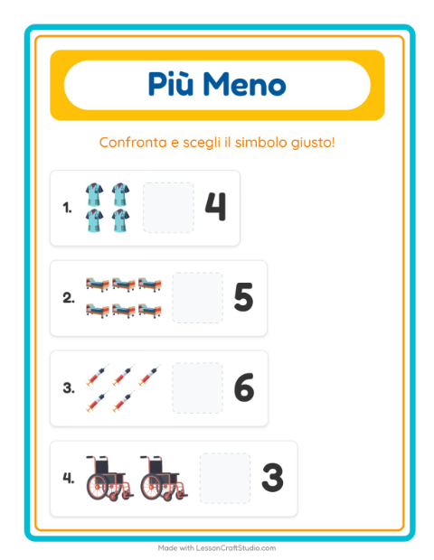 Anteprima della scheda di Più O Meno con Ospedale per Scuola dell'infanzia (3-5 anni)