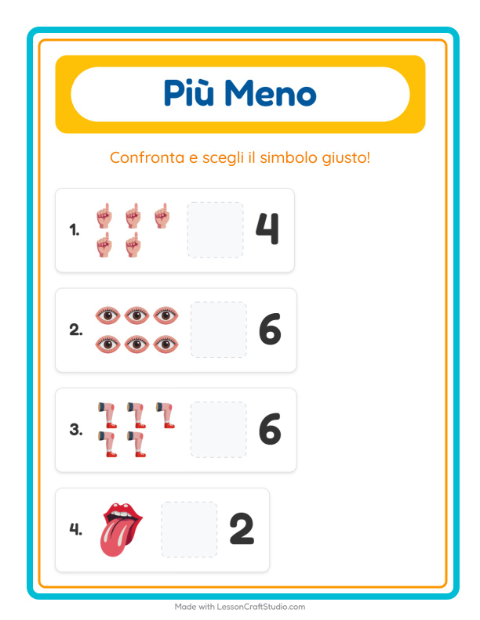 Anteprima della scheda di Più O Meno con Parti del corpo per Scuola dell'infanzia (3-5 anni)