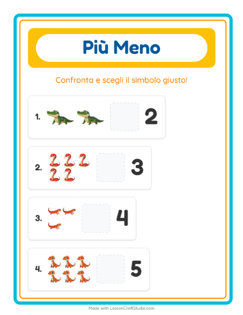 Anteprima della scheda di Più O Meno con Rettili e anfibi per Scuola dell'infanzia (3-5 anni)