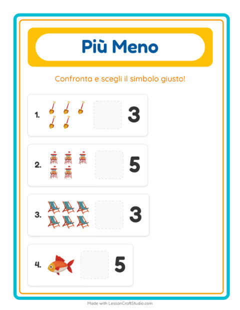 Anteprima della scheda di Più O Meno con Spiaggia per Scuola dell'infanzia (3-5 anni)