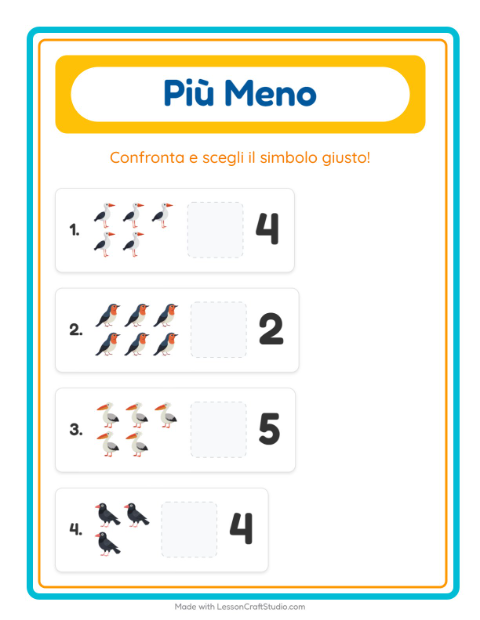 Anteprima della scheda di Più O Meno con Uccelli 2 per Scuola dell'infanzia (3-5 anni)