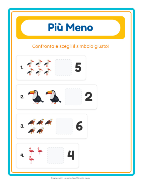 Anteprima della scheda di Più O Meno con Uccelli per Scuola dell'infanzia (3-5 anni)