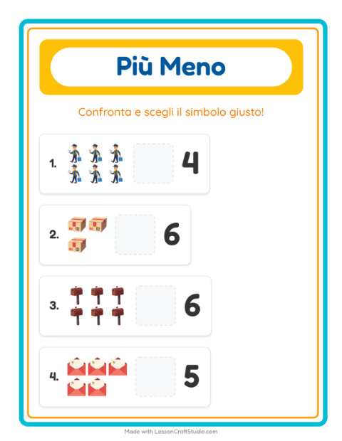 Anteprima della scheda di Più O Meno con Ufficio postale per Scuola dell'infanzia (3-5 anni)