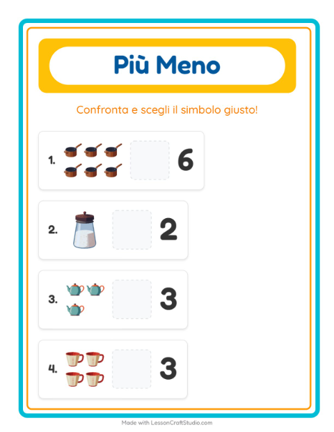 Anteprima della scheda di Più O Meno con Utensili da cucina per Scuola dell'infanzia (3-5 anni)