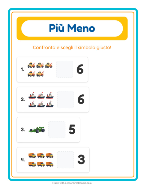 Anteprima della scheda di Più O Meno con Veicoli per Scuola dell'infanzia (3-5 anni)