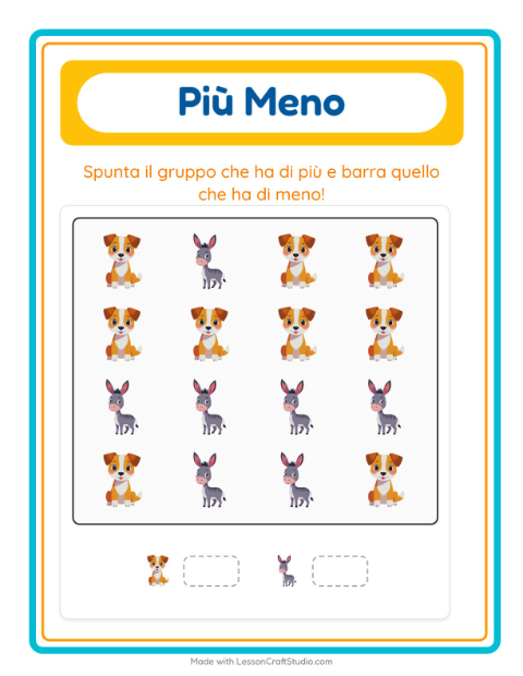 Anteprima della scheda di Più O Meno con Animali della fattoria per Scuola dell'infanzia (3-5 anni)