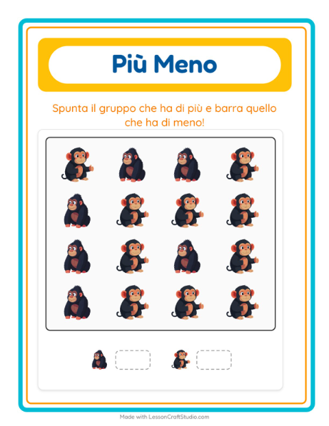 Anteprima della scheda di Più O Meno con Animali dello zoo per Scuola dell'infanzia (3-5 anni)