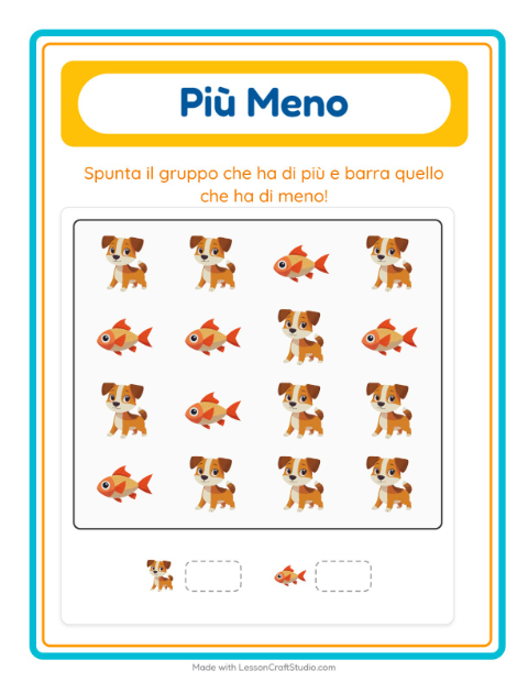 Anteprima della scheda di Più O Meno con Animali domestici per Scuola dell'infanzia (3-5 anni)