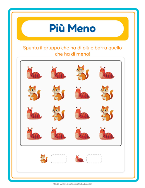 Anteprima della scheda di Più O Meno con Creature della foresta per Scuola dell'infanzia (3-5 anni)