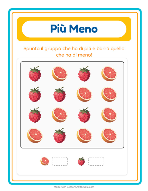 Anteprima della scheda di Più O Meno con Frutta per Scuola dell'infanzia (3-5 anni)