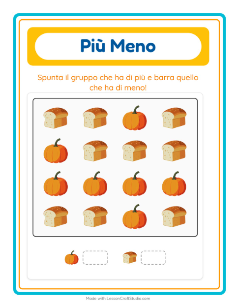 Anteprima della scheda di Più O Meno con Giorno del Ringraziamento per Scuola dell'infanzia (3-5 anni)