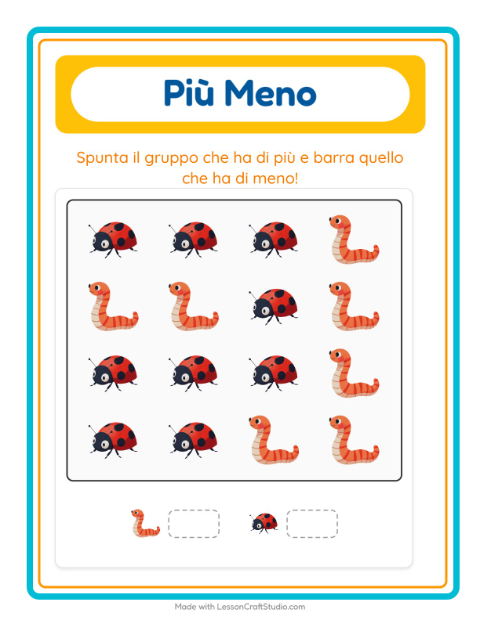 Anteprima della scheda di Più O Meno con Insetti e scarafaggi per Scuola dell'infanzia (3-5 anni)