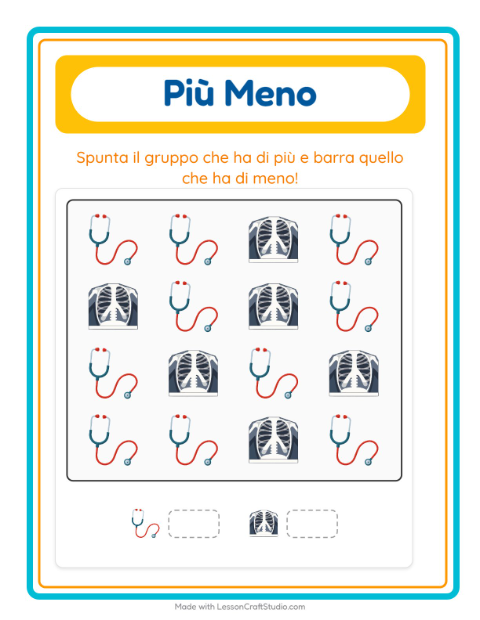 Anteprima della scheda di Più O Meno con Ospedale per Scuola dell'infanzia (3-5 anni)