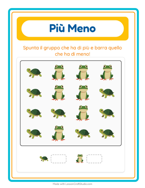 Anteprima della scheda di Più O Meno con Rettili e anfibi per Scuola dell'infanzia (3-5 anni)