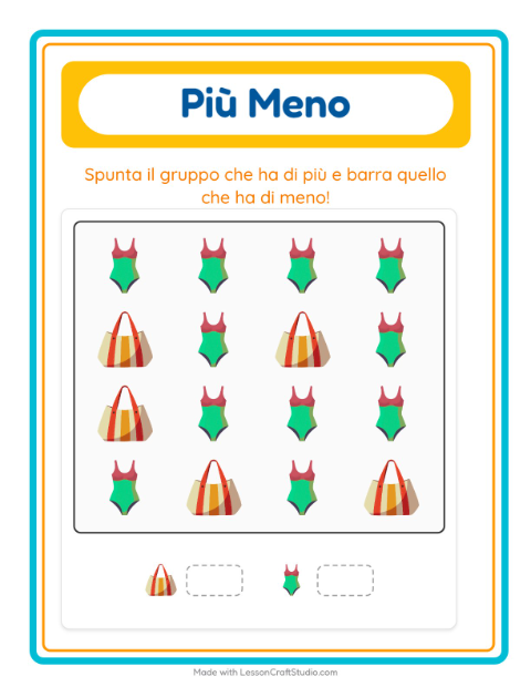 Anteprima della scheda di Più O Meno con Spiaggia per Scuola dell'infanzia (3-5 anni)