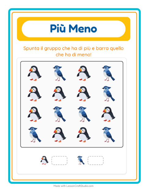 Anteprima della scheda di Più O Meno con Uccelli 2 per Scuola dell'infanzia (3-5 anni)