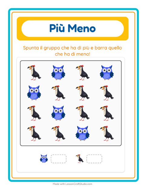 Anteprima della scheda di Più O Meno con Uccelli per Scuola dell'infanzia (3-5 anni)
