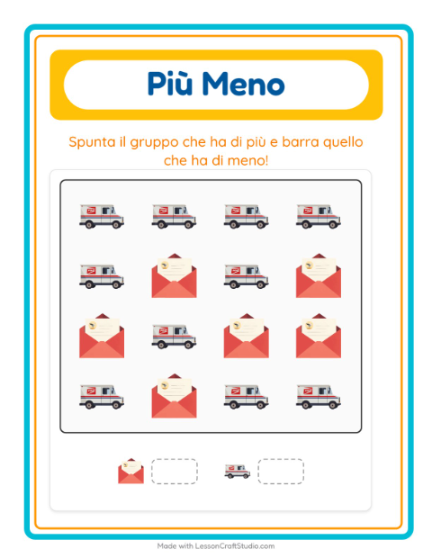 Anteprima della scheda di Più O Meno con Ufficio postale per Scuola dell'infanzia (3-5 anni)