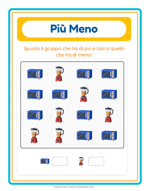Anteprima della scheda di Più O Meno con Utensili da cucina per Scuola dell'infanzia (3-5 anni)