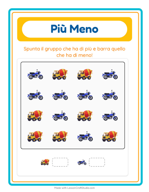 Anteprima della scheda di Più O Meno con Veicoli per Scuola dell'infanzia (3-5 anni)