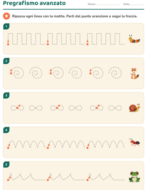 Anteprima della scheda di Pregrafismo con Creature della foresta per Scuola dell'infanzia (5-7 anni)
