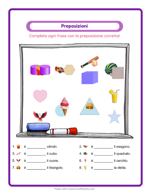 Anteprima della scheda di Preposizioni con 4 luglio per Scuola dell'infanzia (5-7 anni)