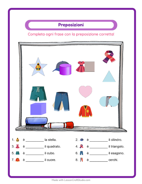 Anteprima della scheda di Preposizioni con Abbigliamento per Scuola dell'infanzia (5-7 anni)