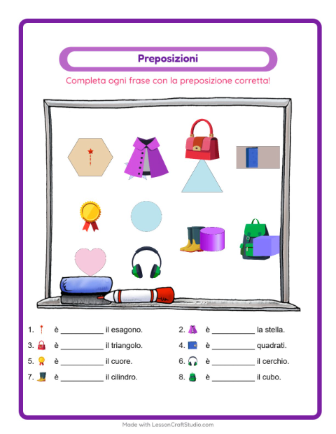 Anteprima della scheda di Preposizioni con Accessori per Scuola dell'infanzia (5-7 anni)