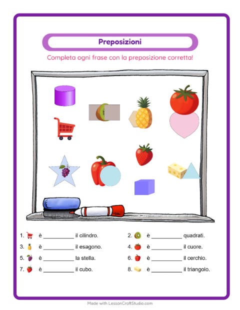 Anteprima della scheda di Preposizioni con Al supermercato per Scuola dell'infanzia (5-7 anni)