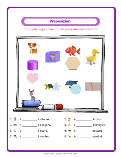 Anteprima della scheda di Preposizioni con Animali per Scuola dell'infanzia (5-7 anni)