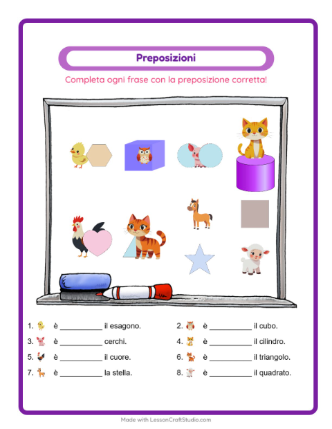 Anteprima della scheda di Preposizioni con Animali della fattoria per Scuola dell'infanzia (5-7 anni)