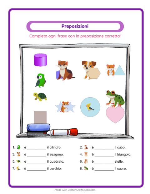 Anteprima della scheda di Preposizioni con Animali domestici per Scuola dell'infanzia (5-7 anni)