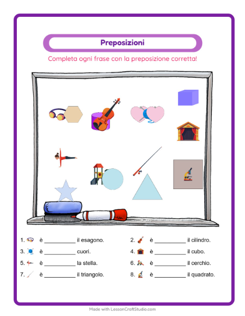 Anteprima della scheda di Preposizioni con Attività per Scuola dell'infanzia (5-7 anni)