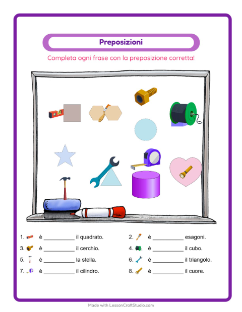 Anteprima della scheda di Preposizioni con Attrezzi per Scuola dell'infanzia (5-7 anni)