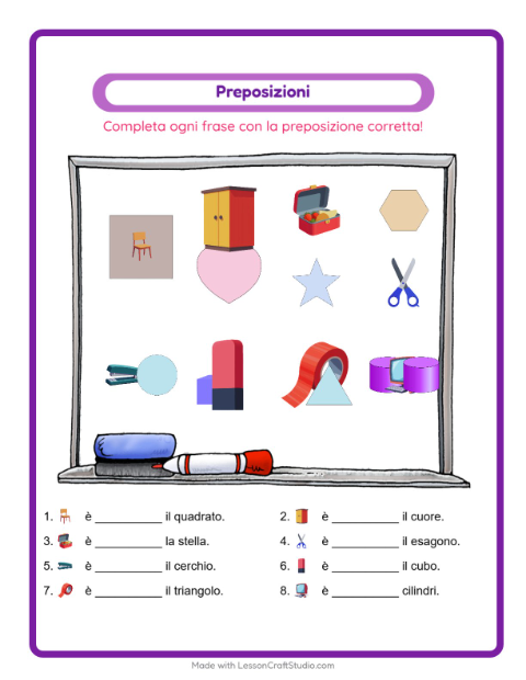 Anteprima della scheda di Preposizioni con Aula per Scuola dell'infanzia (5-7 anni)