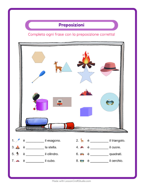 Anteprima della scheda di Preposizioni con Campeggio per Scuola dell'infanzia (5-7 anni)