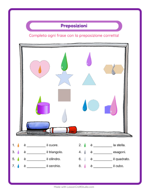 Anteprima della scheda di Preposizioni con Colori per Scuola dell'infanzia (5-7 anni)