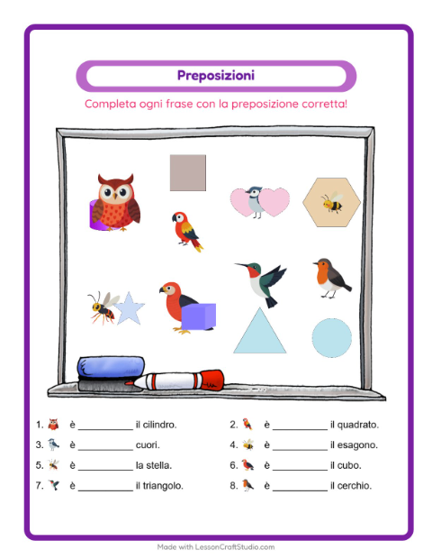 Anteprima della scheda di Preposizioni con Cose che volano per Scuola dell'infanzia (5-7 anni)