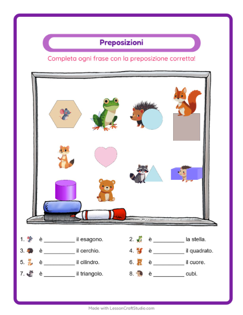 Anteprima della scheda di Preposizioni con Creature della foresta per Scuola dell'infanzia (5-7 anni)