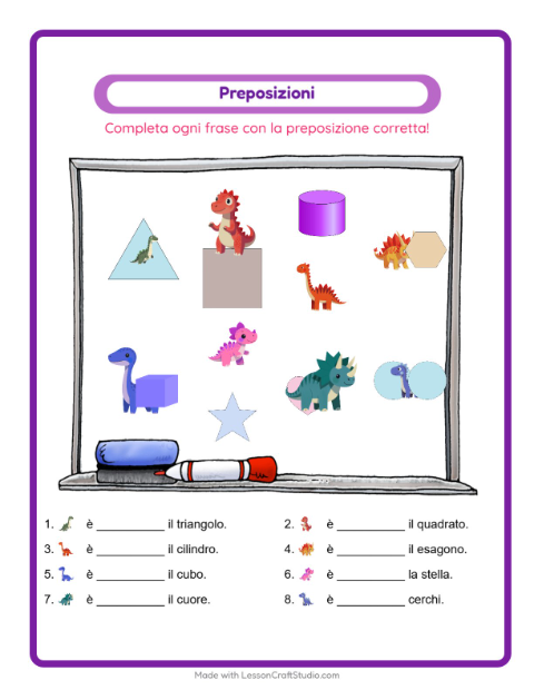 Anteprima della scheda di Preposizioni con Dinosauri per Scuola dell'infanzia (5-7 anni)