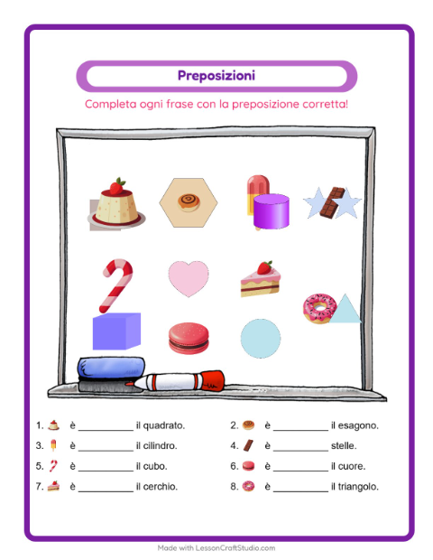 Anteprima della scheda di Preposizioni con Dolci e dolciumi per Scuola dell'infanzia (5-7 anni)